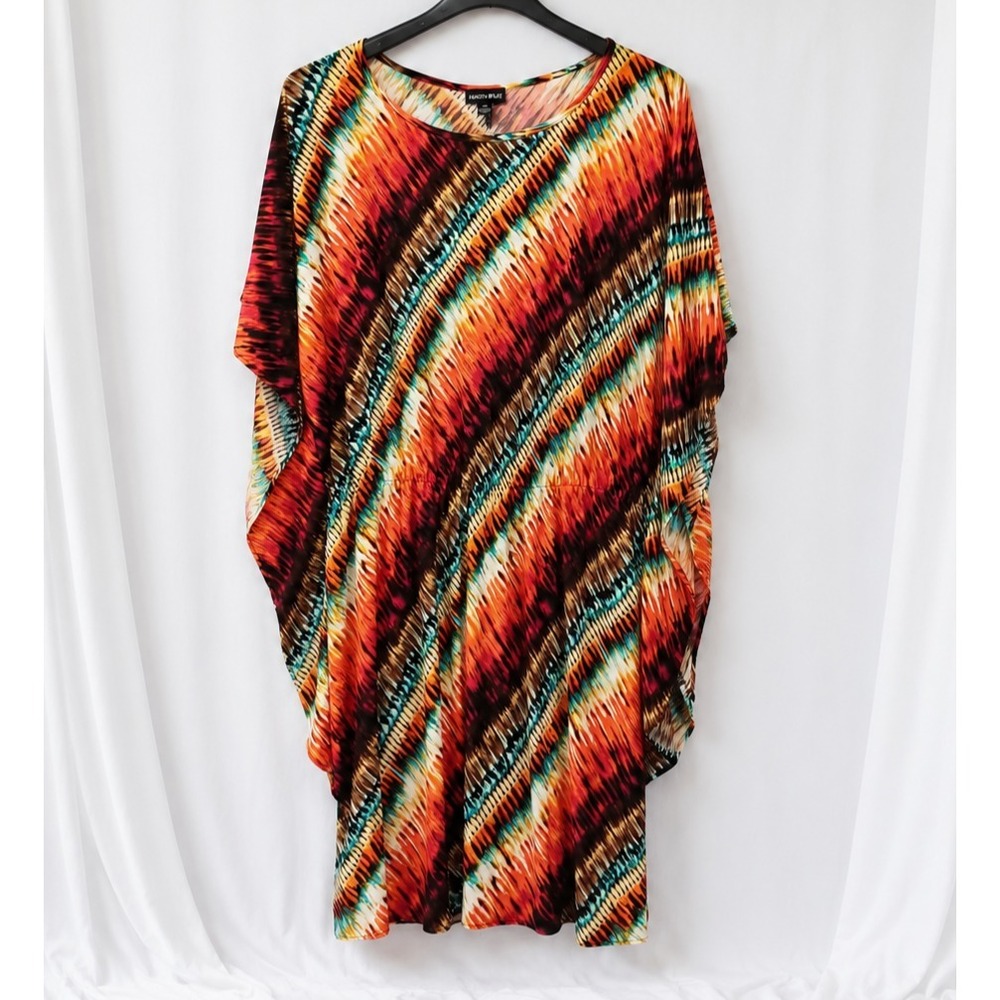Fashion Bug Kaftan Caftan Dress XL Multicolor Abstract Batwing Stretch Plus Size